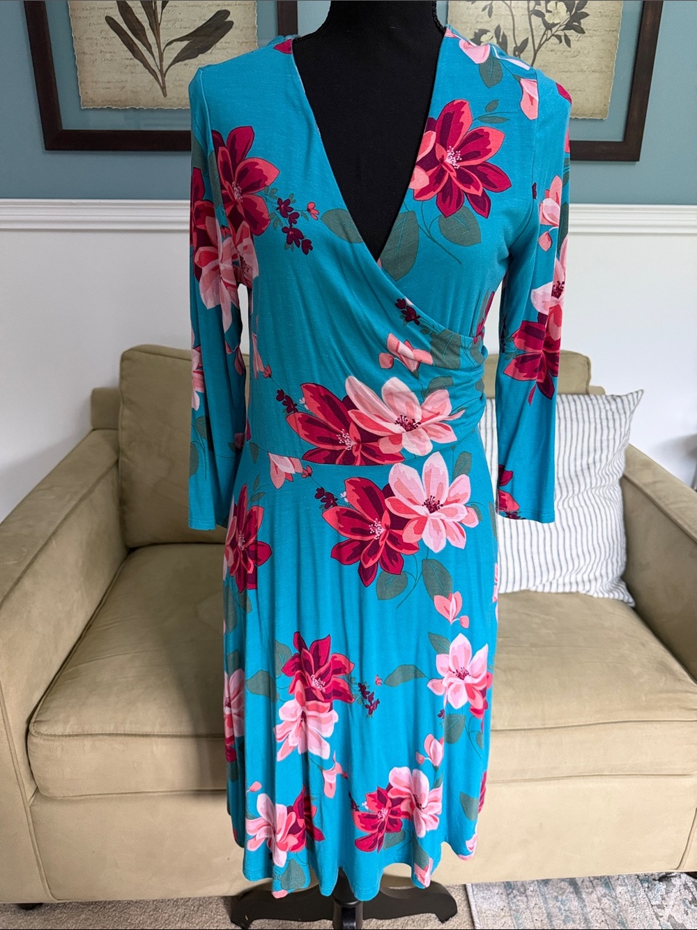 ODDY Teal Wrap-Style Midi Dress with Pink & Magenta Floral Print